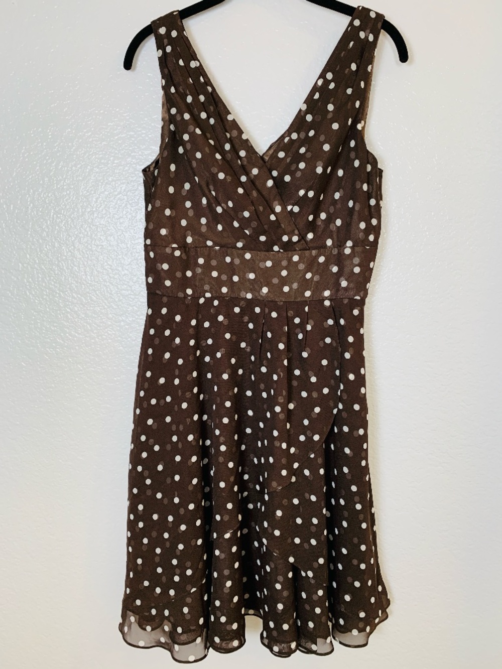White House Black Market Midi Dress Womens 8 Brown White Polka Dot Layered Look